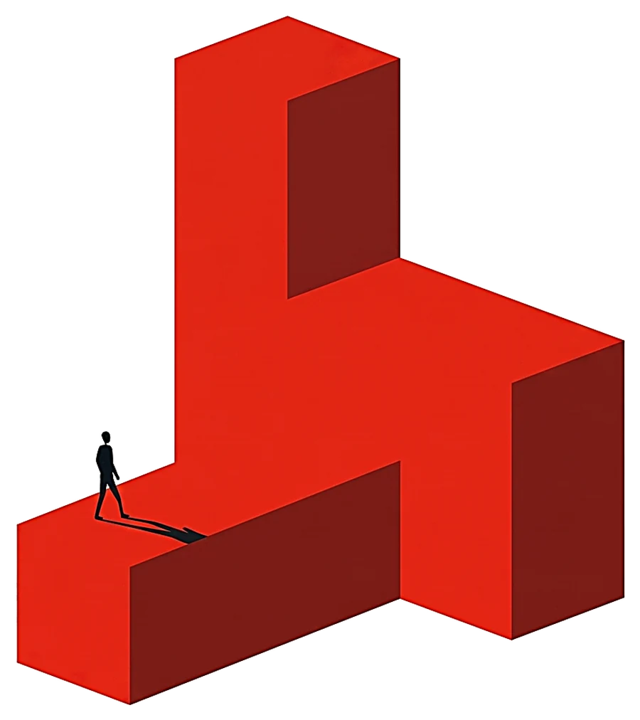 Three interlocking blocks locked into one form, machine, mind and method, with a lone figure ascending.